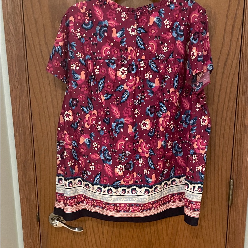 Lane Bryant NWT Sz 18 Burgundy Floral & Bird Print Short Sleeve Blouse Cotton - Picture 8 of 12